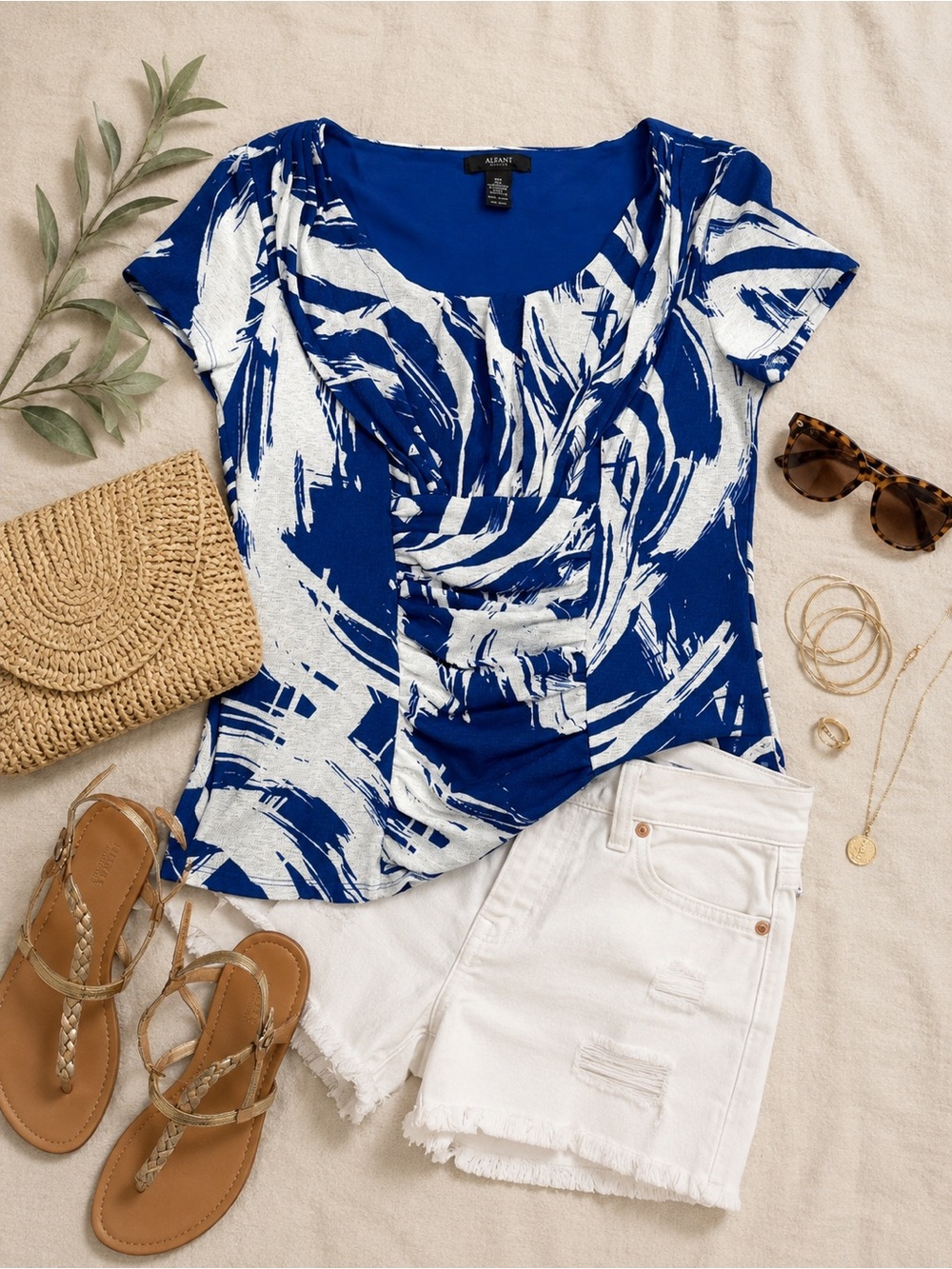 Alfani Blue & White Abstract Ruched Scoop Neck Tee